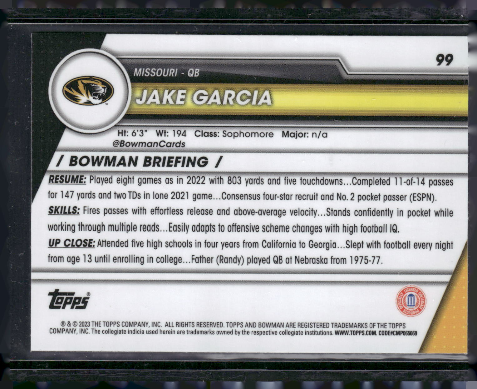 2023 Bowman University Chrome #99 Jake Garcia