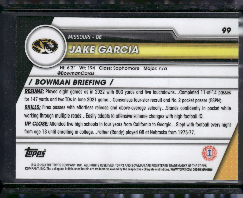 2023 Bowman University Chrome #99 Jake Garcia