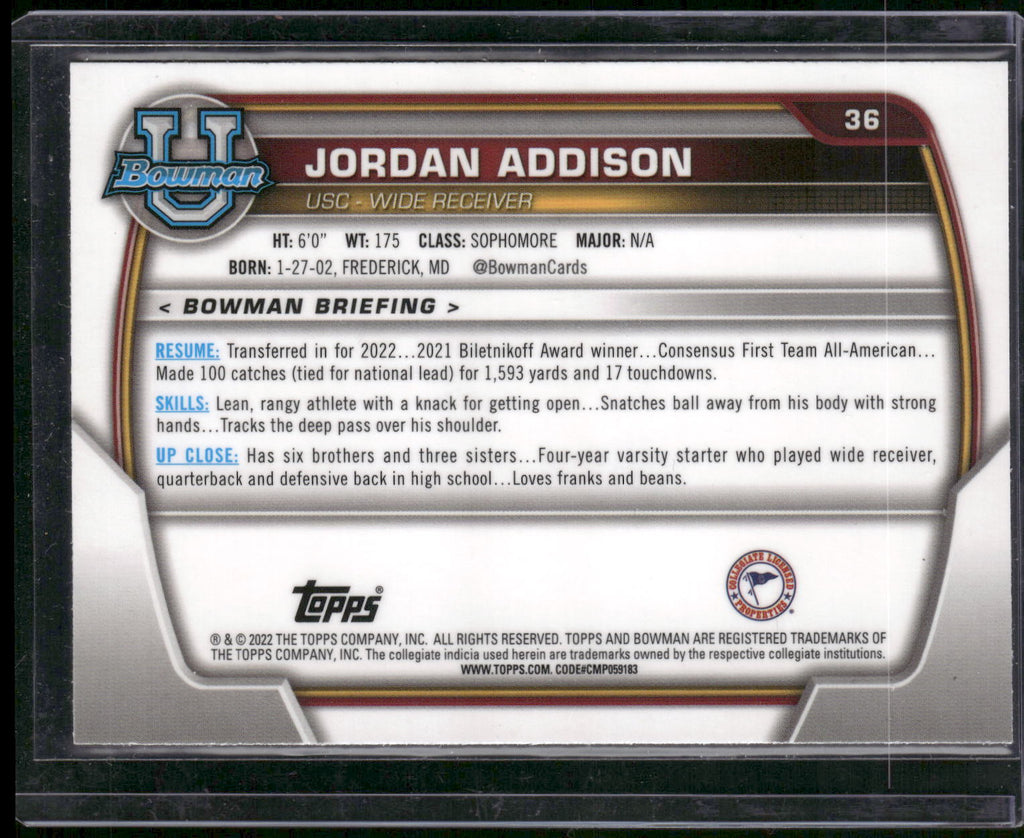 2022 Bowman University Chrome #36 Jordan Addison