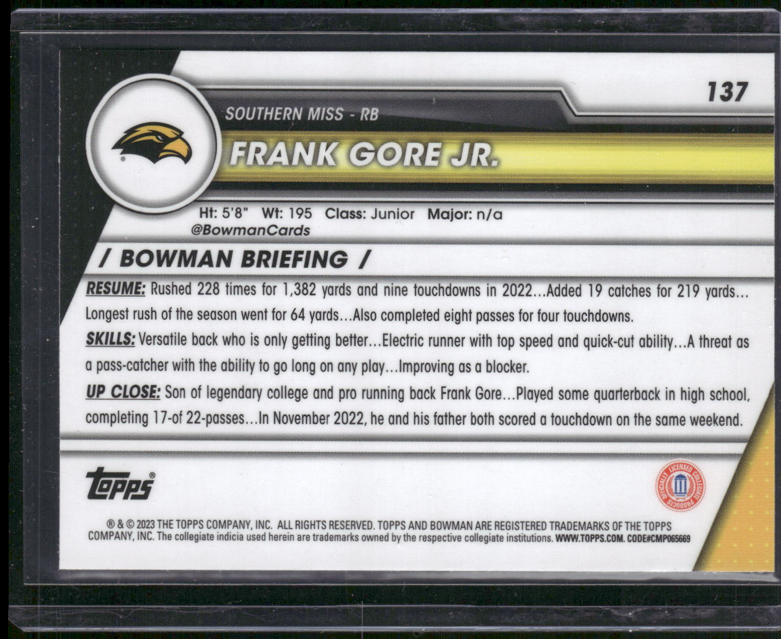 2023 Bowman University Chrome #137 Frank Gore Jr.