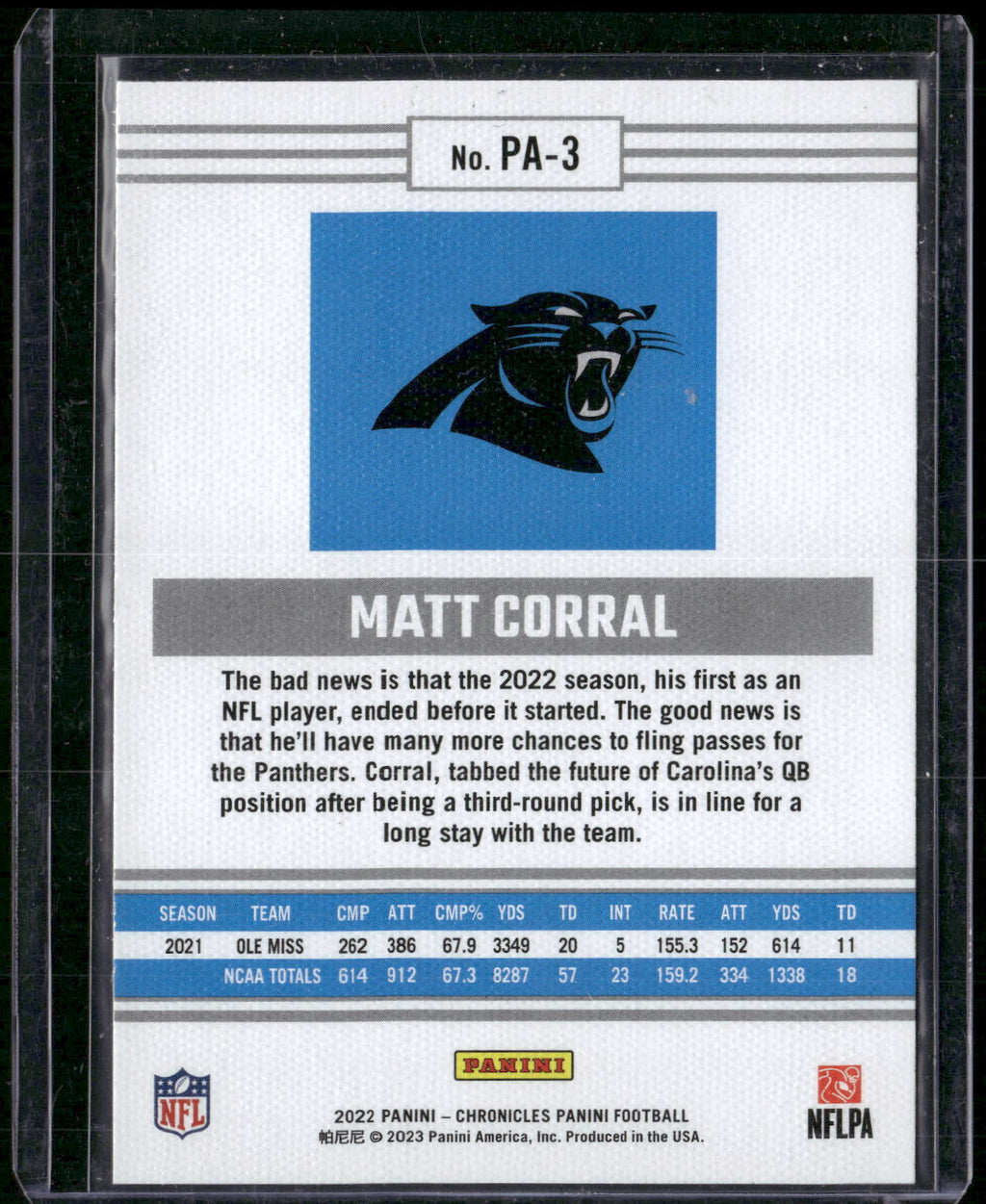 2022 Panini Chronicles #PA-3 Matt Corral Panini