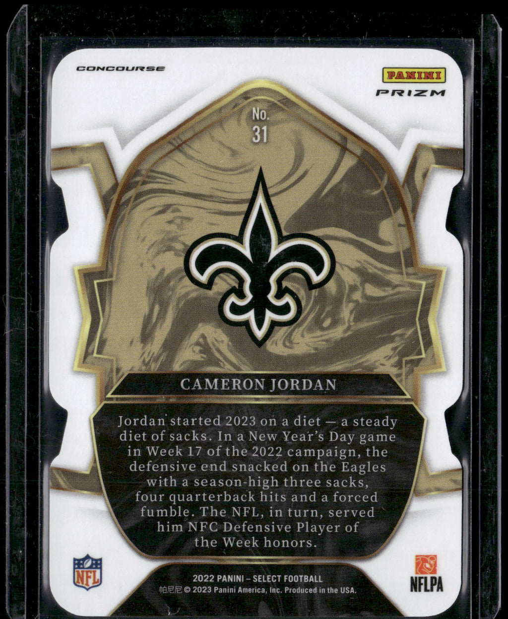 2022 Panini Select #31 Cameron Jordan Black and Green Prizm Die Cut