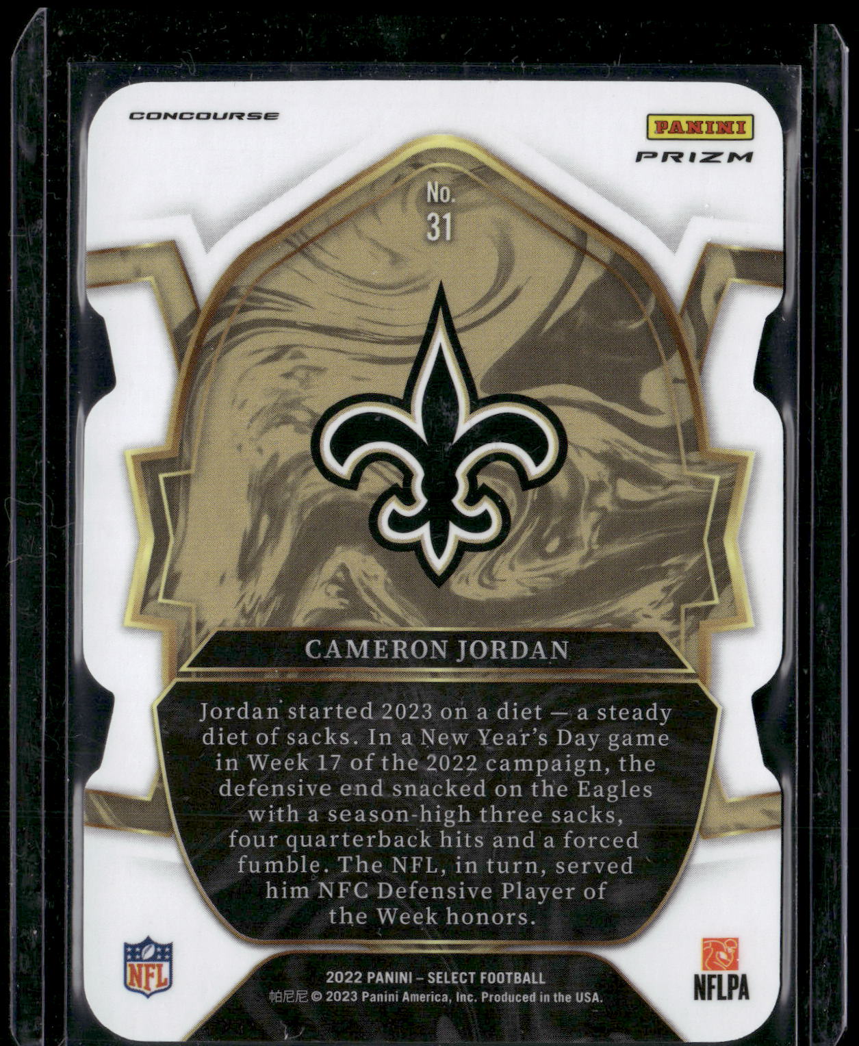 2022 Panini Select #31 Cameron Jordan Black and Green Prizm Die Cut