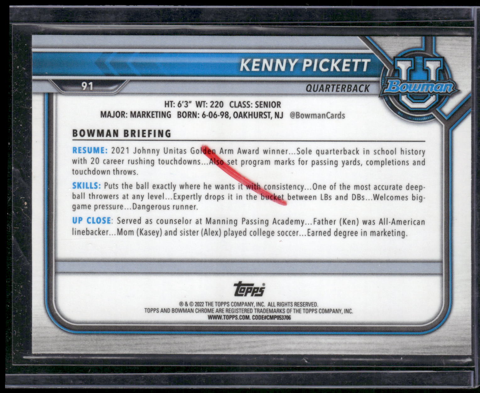 2021-22 Bowman University #91 Kenny Pickett Chrome Pink