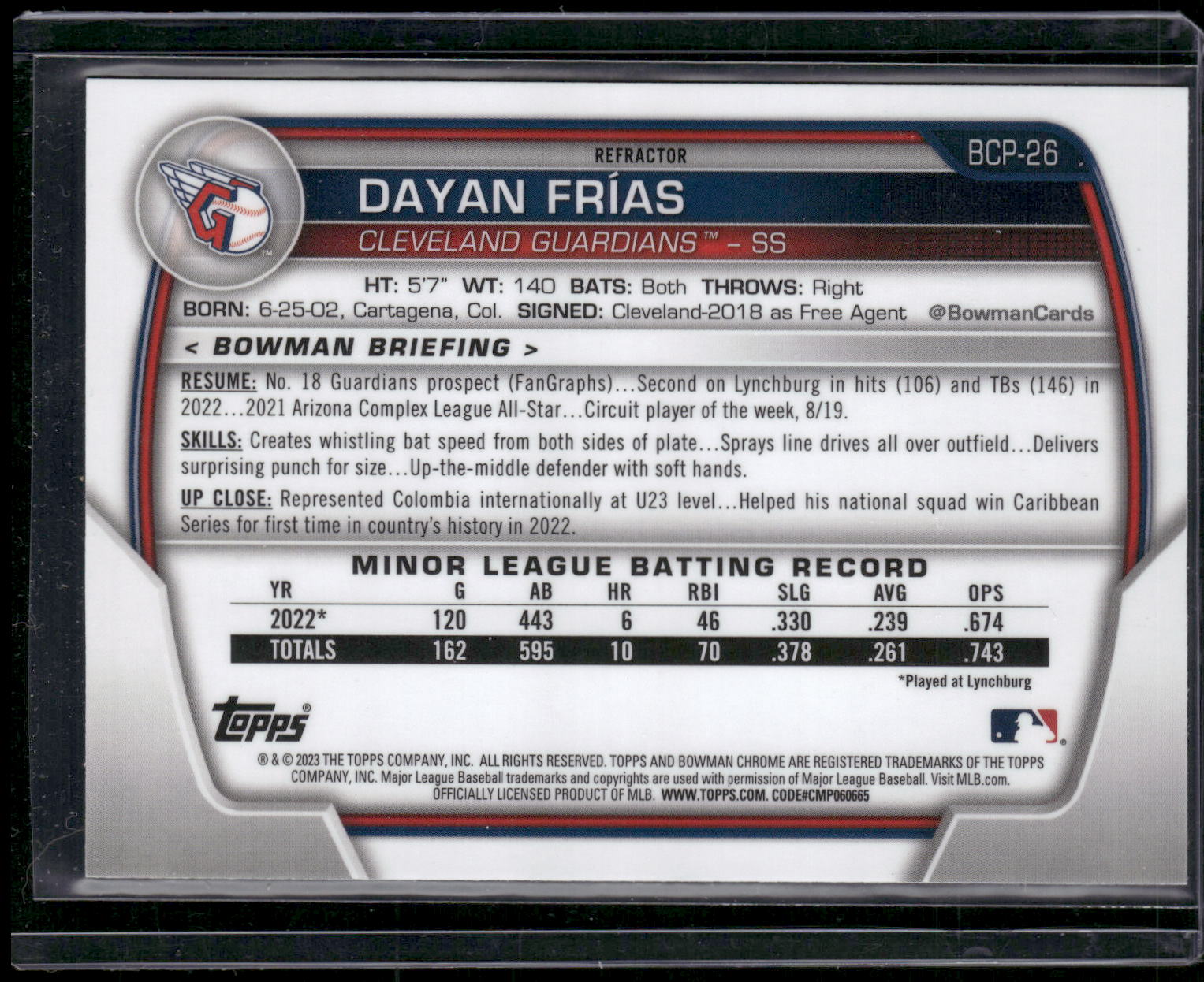 2023 Bowman #BCP-26 Dayan Frías Chrome Prospects Lunar Glow Refractors