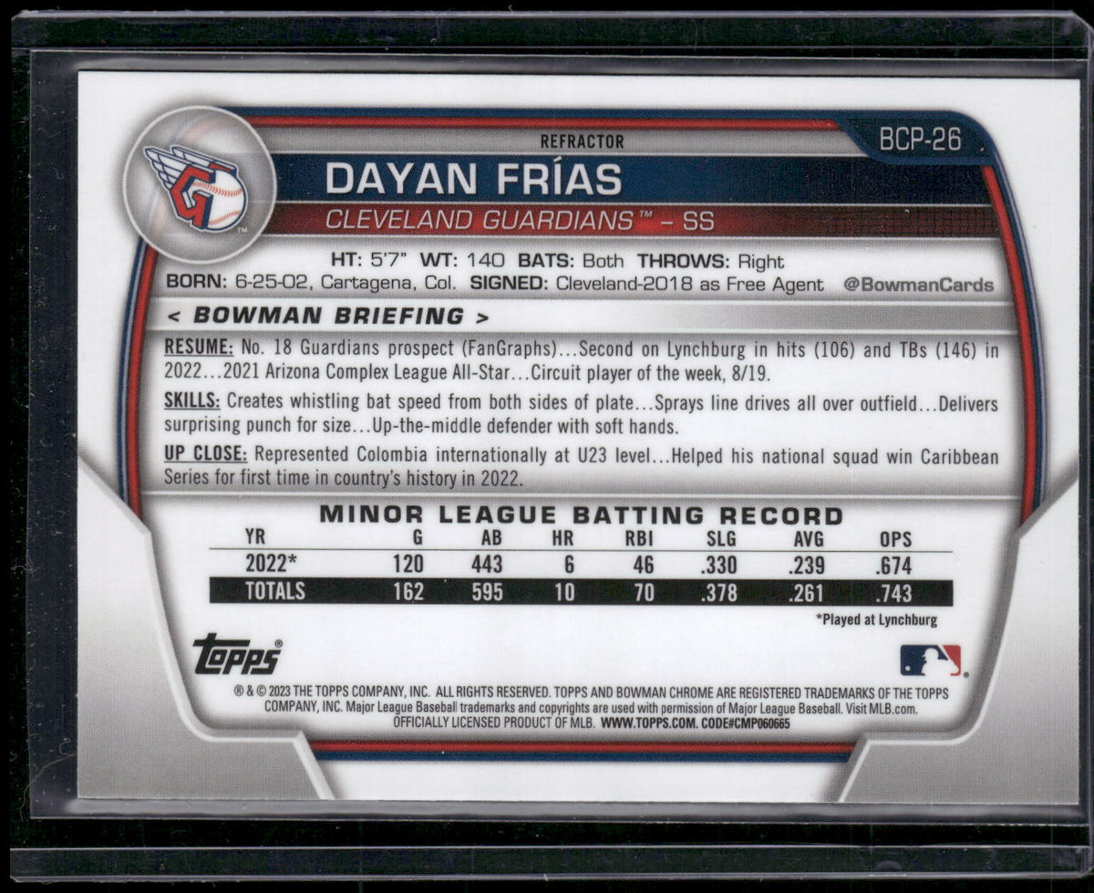 2023 Bowman #BCP-26 Dayan Frías Chrome Prospects Lunar Glow Refractor