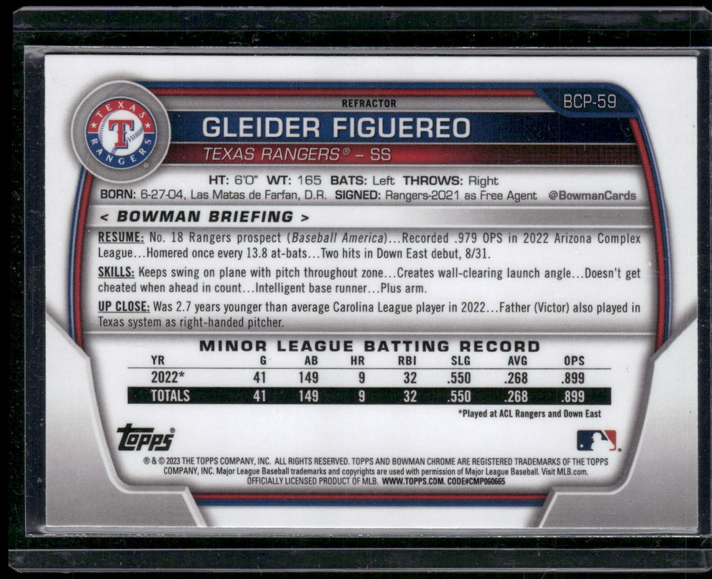 2023 Bowman #BCP-59 Gleider Figuereo Chrome Prospects Lunar Glow Refractors