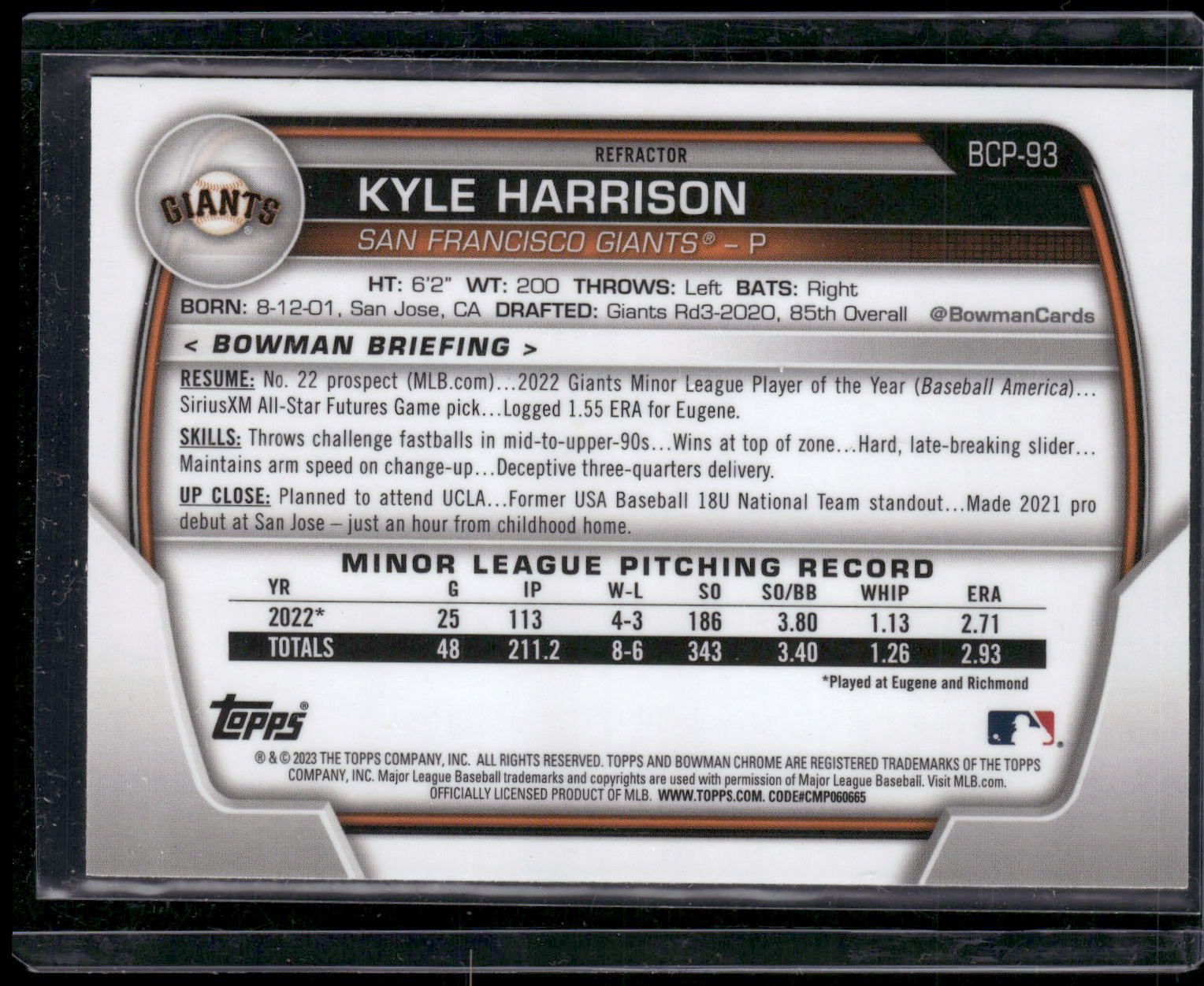 2023 Bowman #BCP-93 Kyle Harrison Chrome Prospects Lunar Glow Refractors