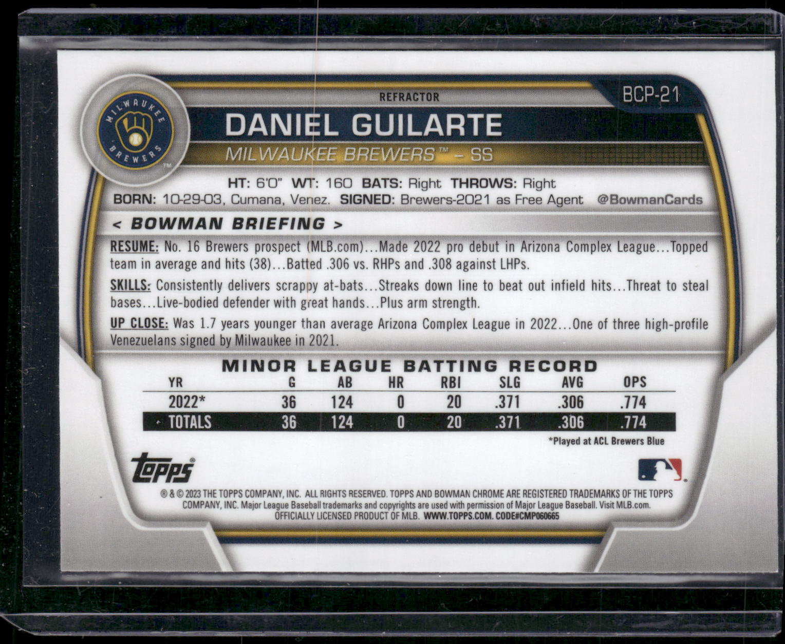 2023 Bowman #BCP-21 Daniel Guilarte Chrome Prospects Lunar Glow Refractors
