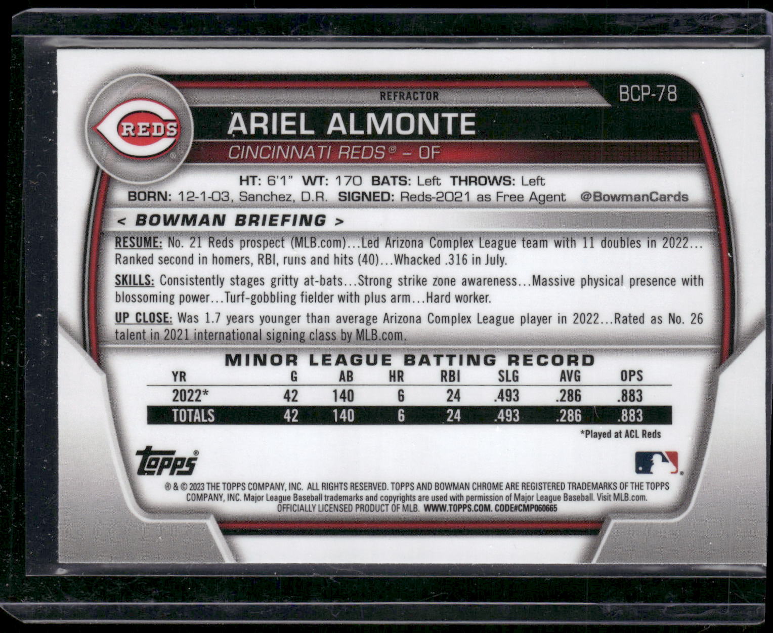 2023 Bowman #BCP-78 Ariel Almonte Chrome Prospects Lunar Glow Refractors
