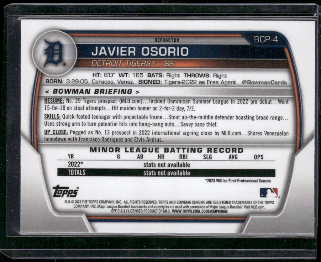 2023 Bowman #BCP-4 Javier Osorio Chrome Prospects Lunar Glow Refractors