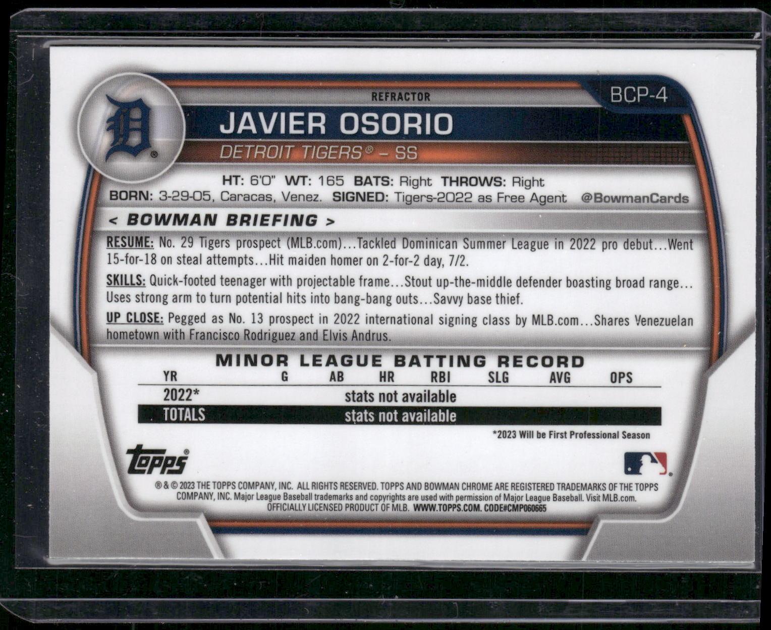 2023 Bowman #BCP-4 Javier Osorio Chrome Prospects Lunar Glow Refractors
