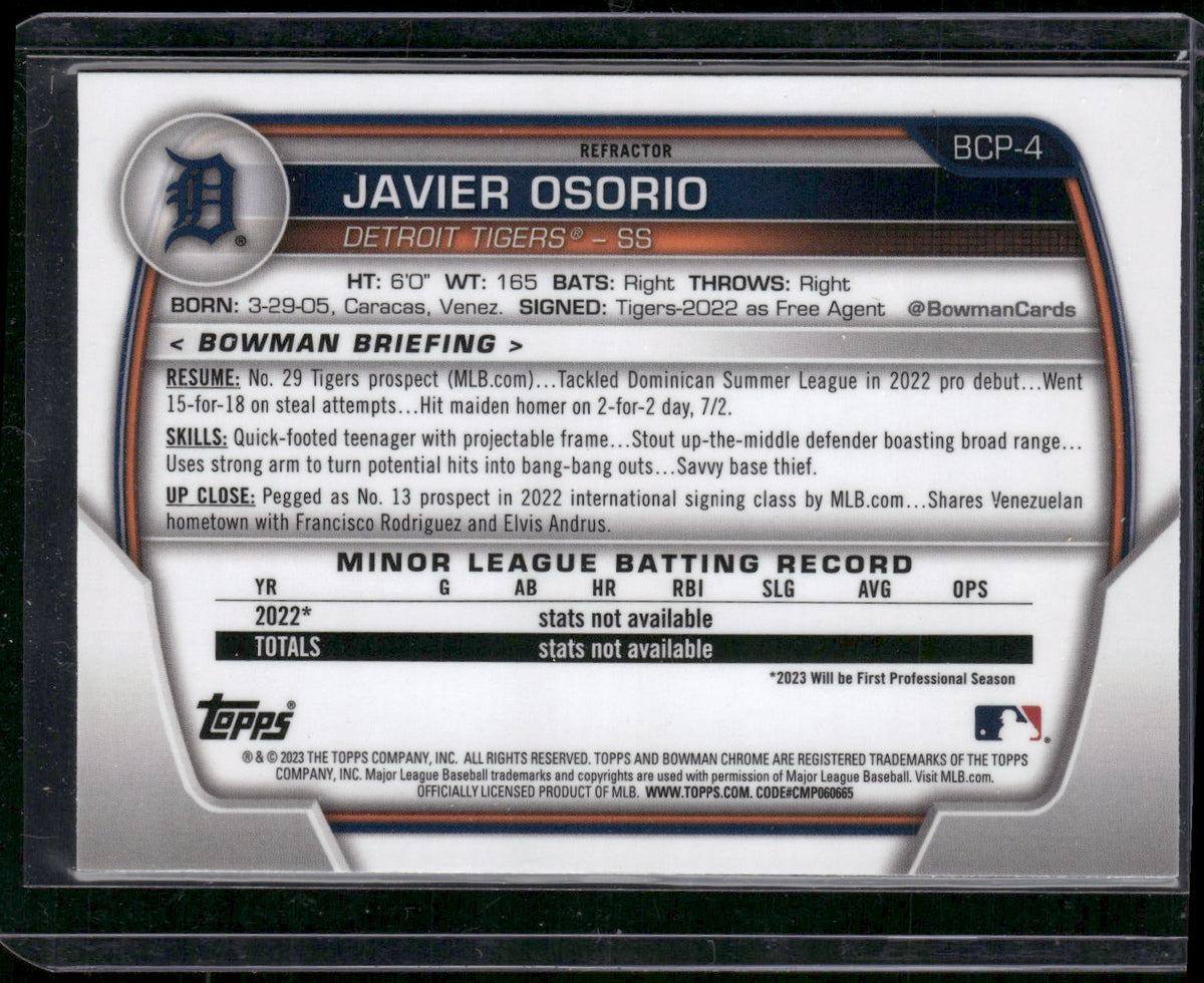 2023 Bowman #BCP-4 Javier Osorio Chrome Prospects Lunar Glow Refractor