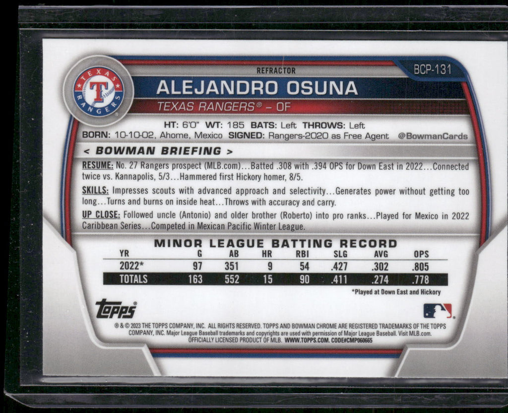 2023 Bowman #BCP-131 Alejandro Osuna Chrome Prospects Lunar Glow Refractors