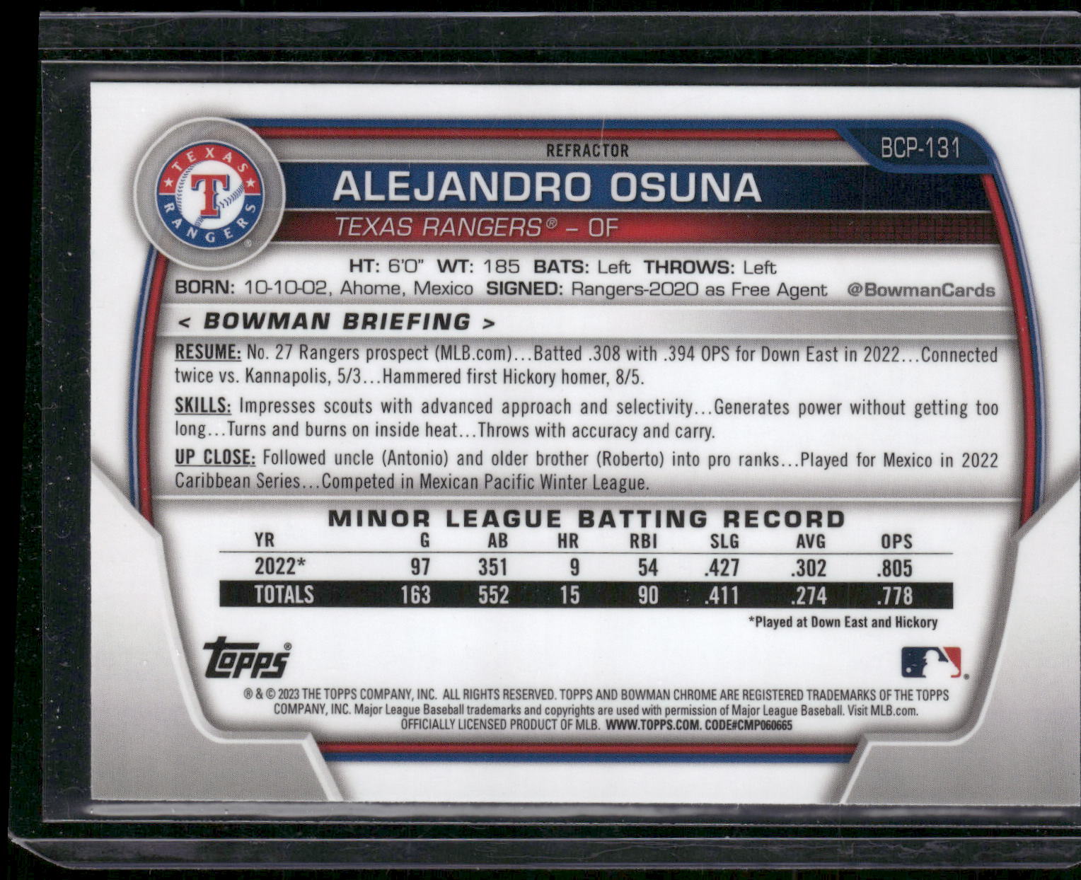 2023 Bowman #BCP-131 Alejandro Osuna Chrome Prospects Lunar Glow Refractors