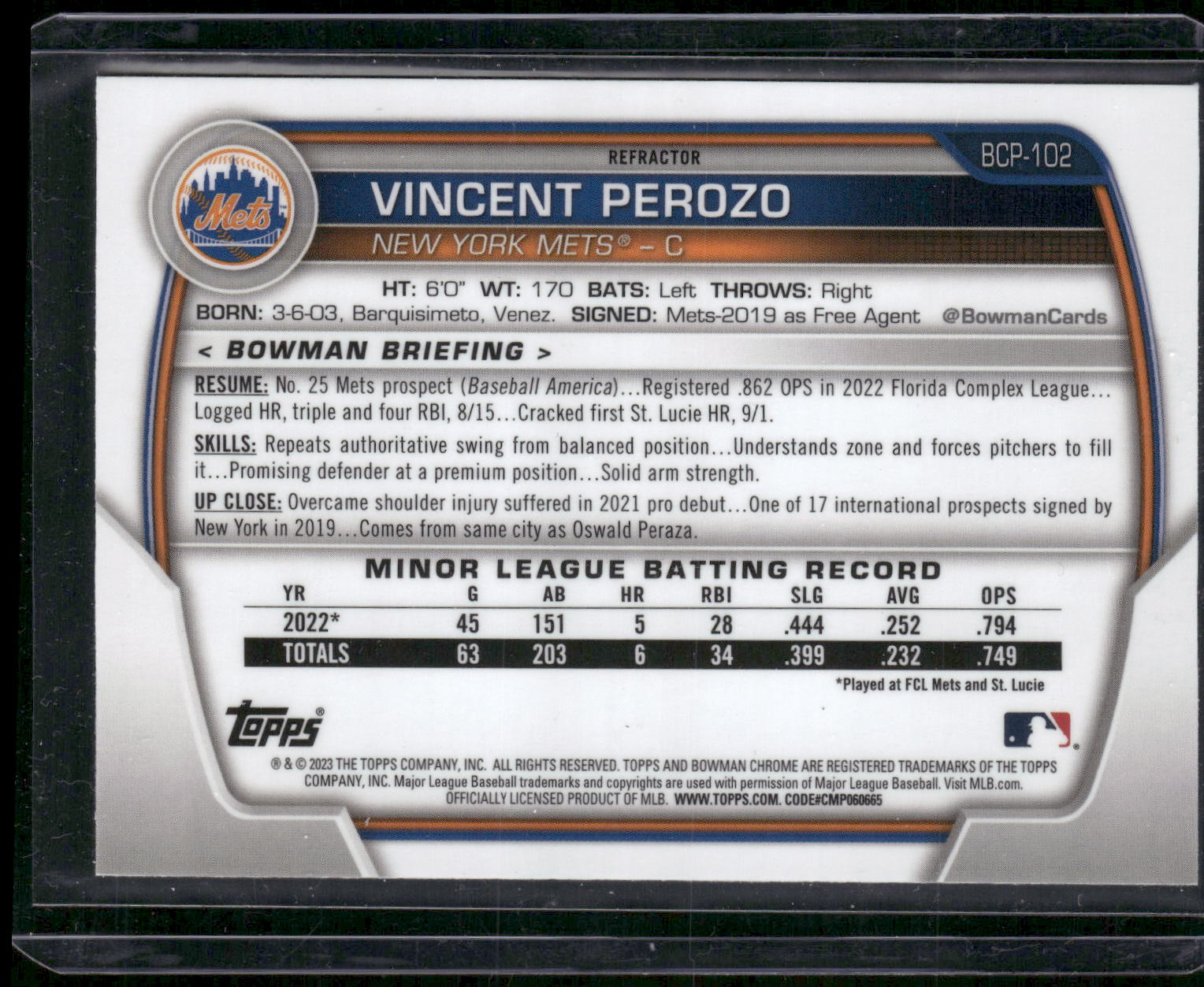 2023 Bowman #BCP-102 Vincent Perozo Chrome Prospects Lunar Glow Refractors