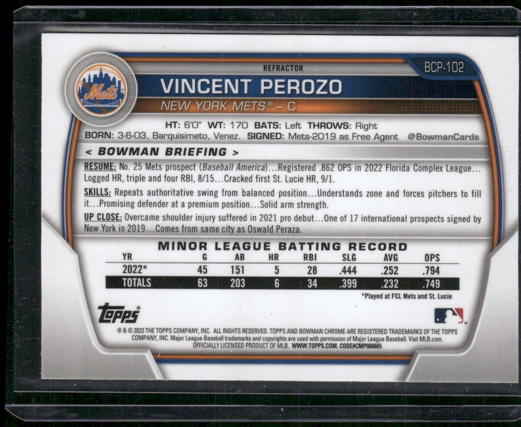 2023 Bowman #BCP-102 Vincent Perozo Chrome Prospects Lunar Glow Refractors