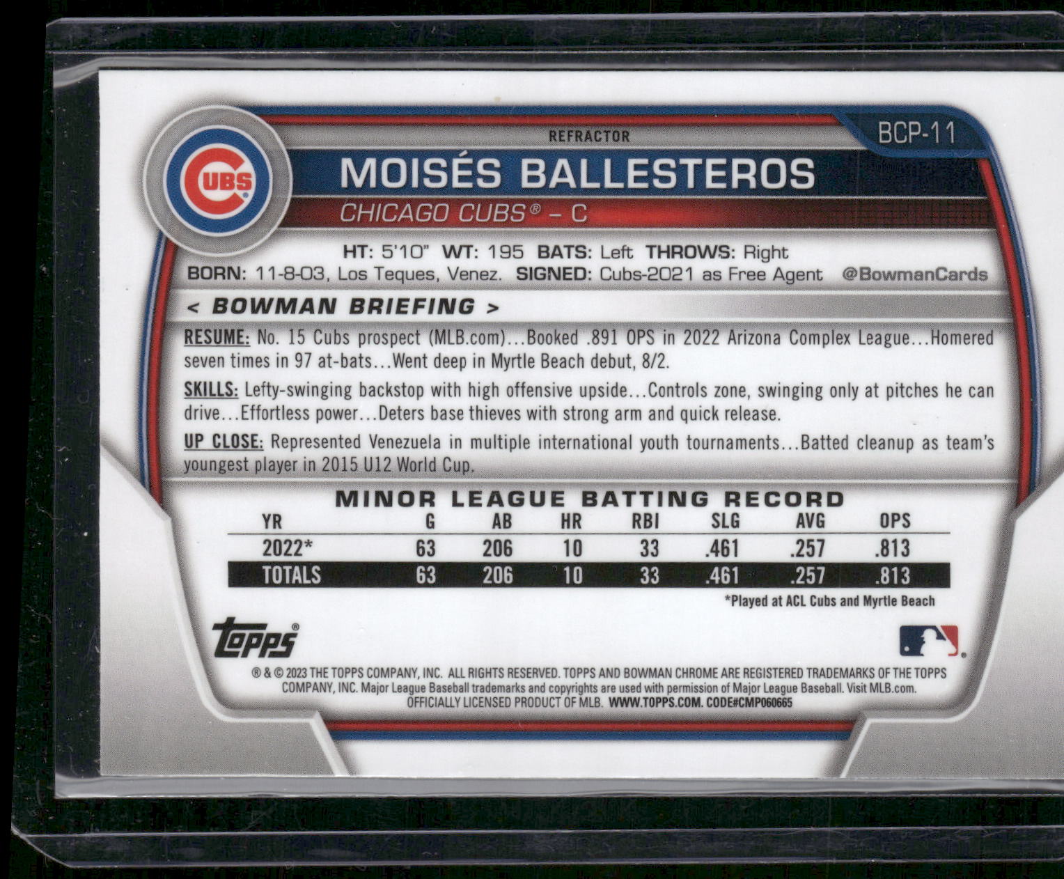 2023 Bowman #BCP-11 Moisés Ballesteros Chrome Prospects Lunar Glow Refractors