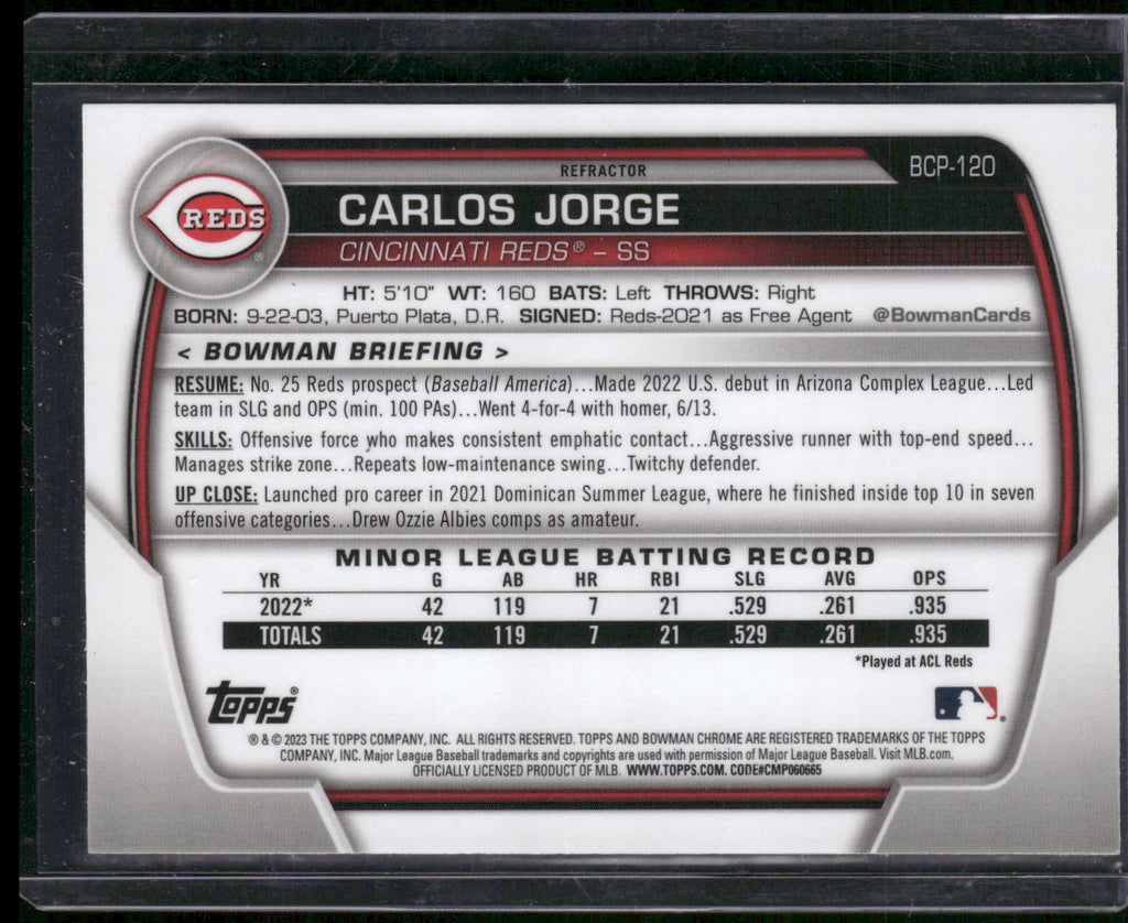 2023 Bowman #BCP-120 Carlos Jorge Chrome Prospects Lunar Glow Refractors