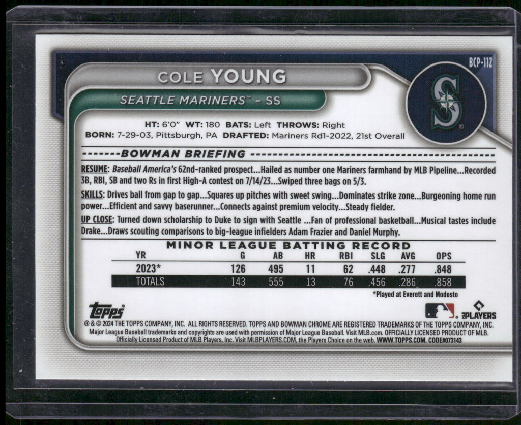2024 Bowman #BCP-112 Cole Young Chrome Prospects Lunar Glow Refractors