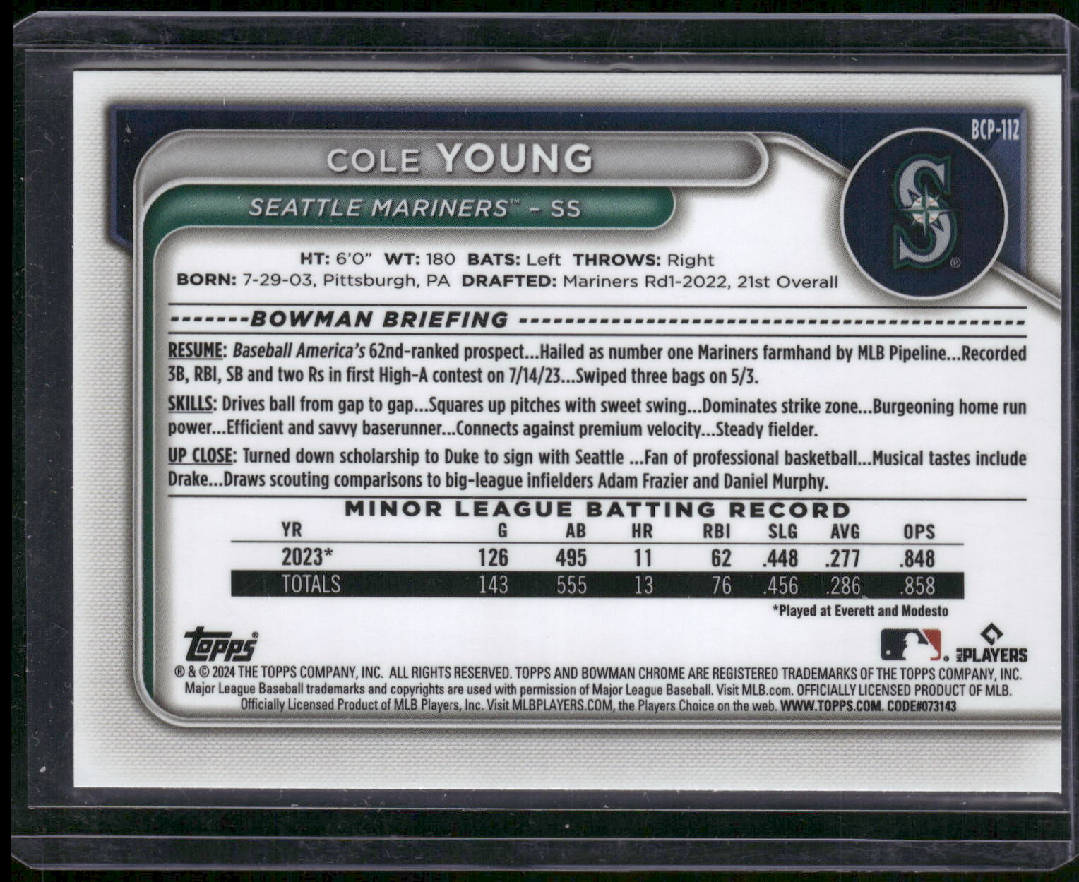 2024 Bowman #BCP-112 Cole Young Chrome Prospects Lunar Glow Refractors