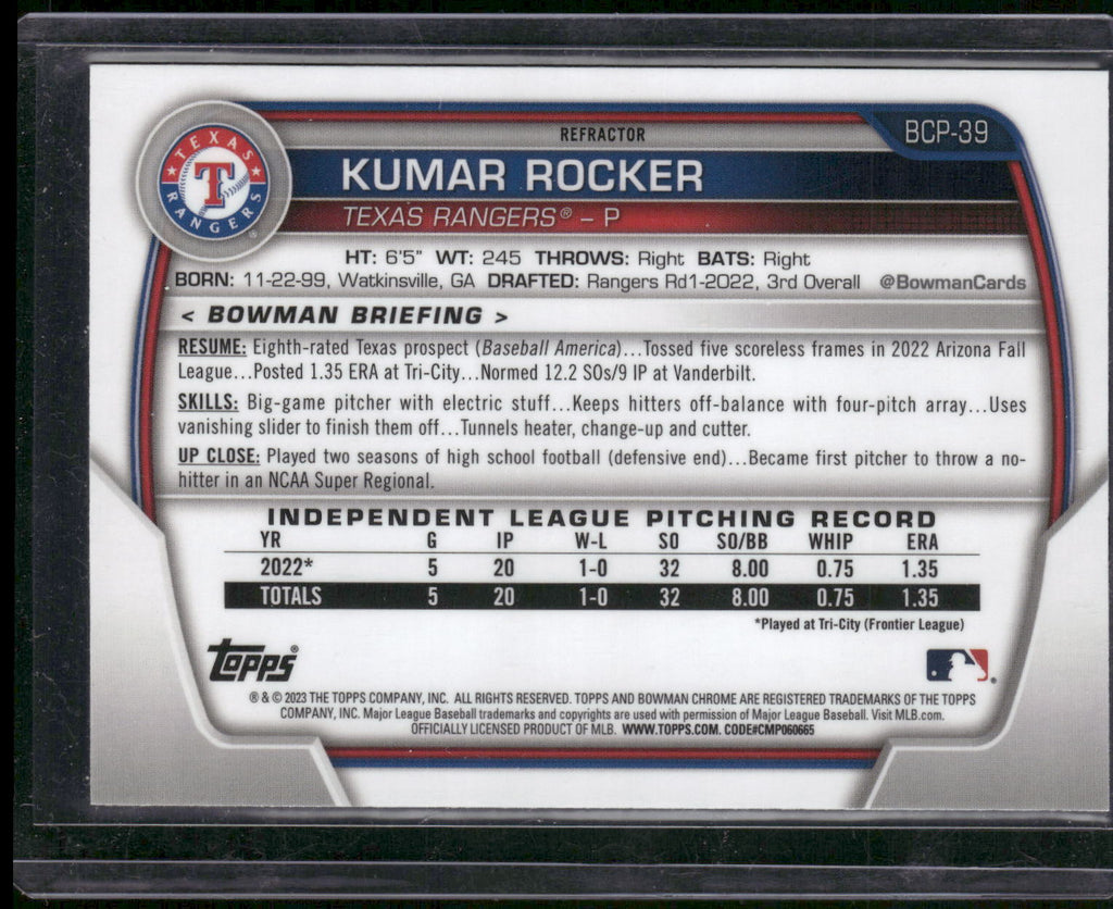 2023 Bowman #BCP-39 Kumar Rocker Chrome Prospects Lunar Glow Refractors