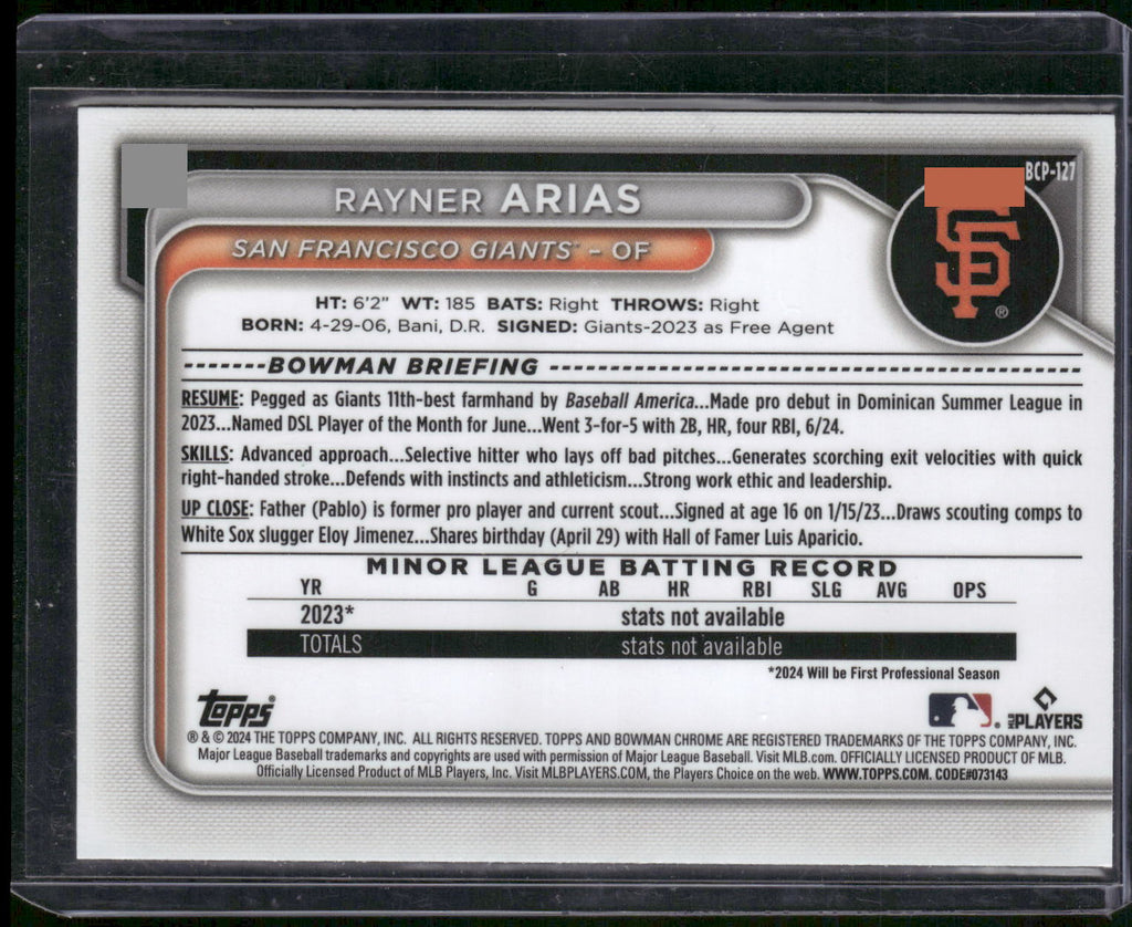 2024 Bowman #BCP-127 Rayner Arias Chrome Prospects Lunar Glow Refractor