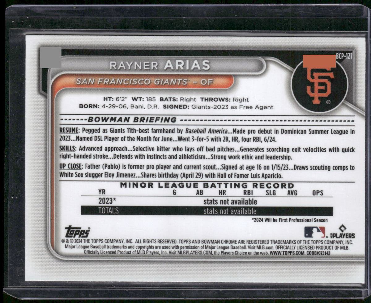 2024 Bowman #BCP-127 Rayner Arias Chrome Prospects Lunar Glow Refractor