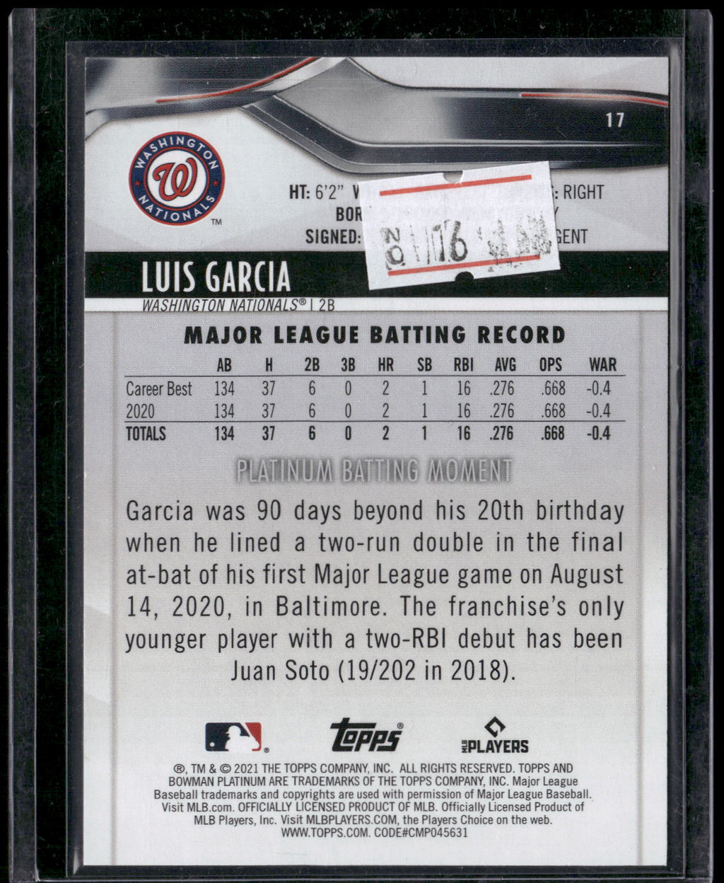 2021 Bowman Platinum #17 Luis Garcia Gold #/50