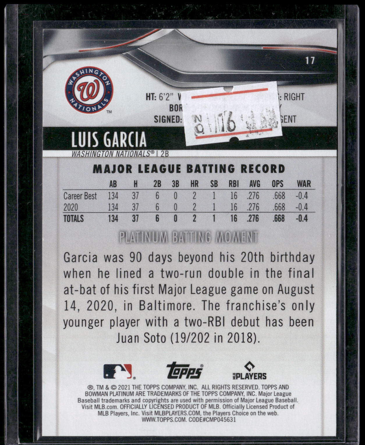 2021 Bowman Platinum #17 Luis Garcia Gold #/50