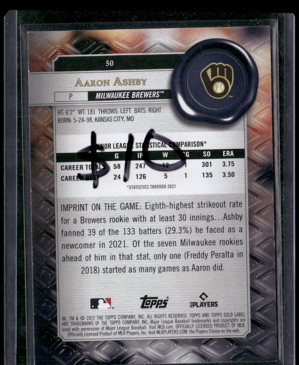 2022 Topps Gold Label #50 Aaron Ashby Class 2 Purple #/75