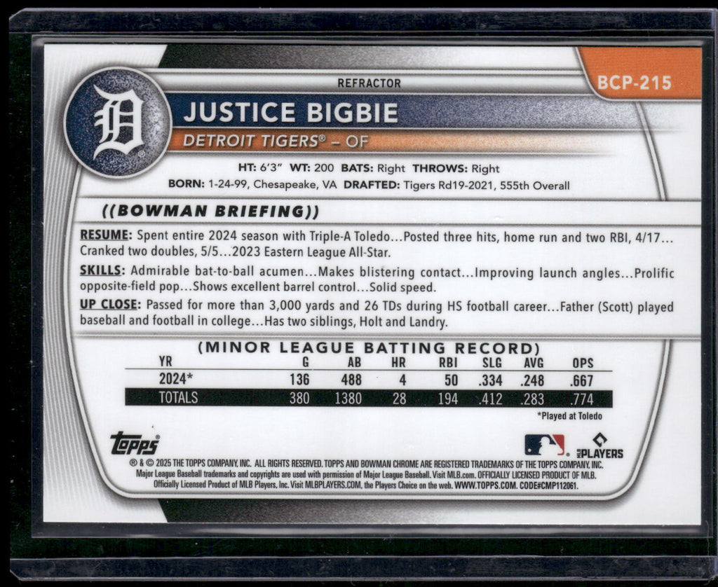 2025 Bowman Chrome #BCP-215 Justice Bigbie Prospects Refractor #/499