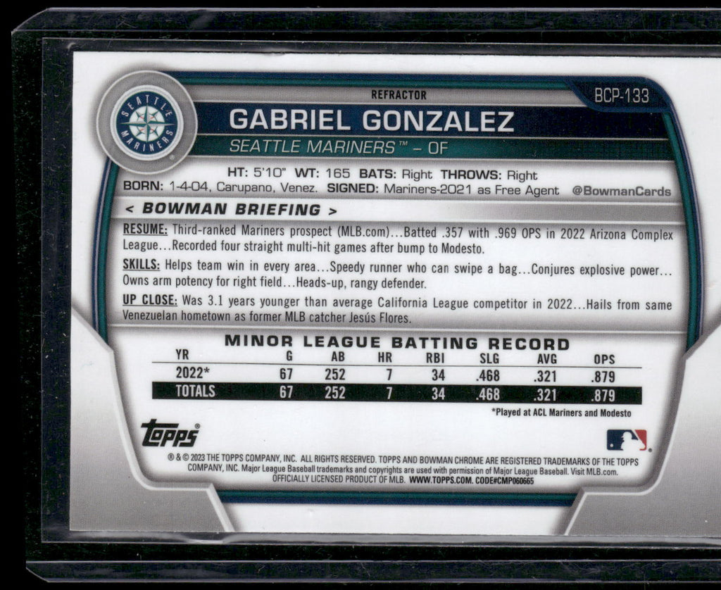 2023 Bowman #BCP-133 Gabriel Gonzalez Chrome Prospects Lunar Glow Refractors