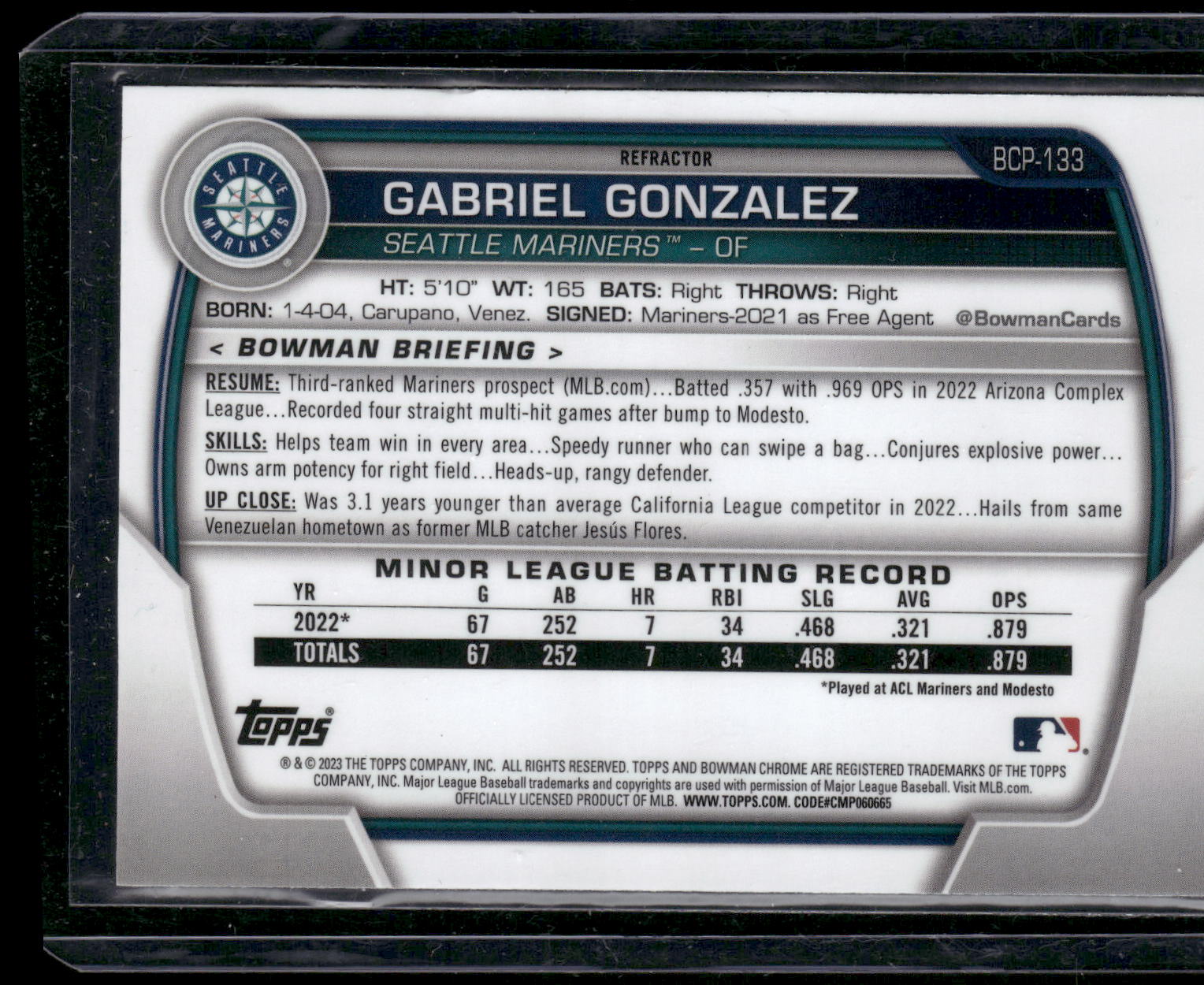 2023 Bowman #BCP-133 Gabriel Gonzalez Chrome Prospects Lunar Glow Refractors