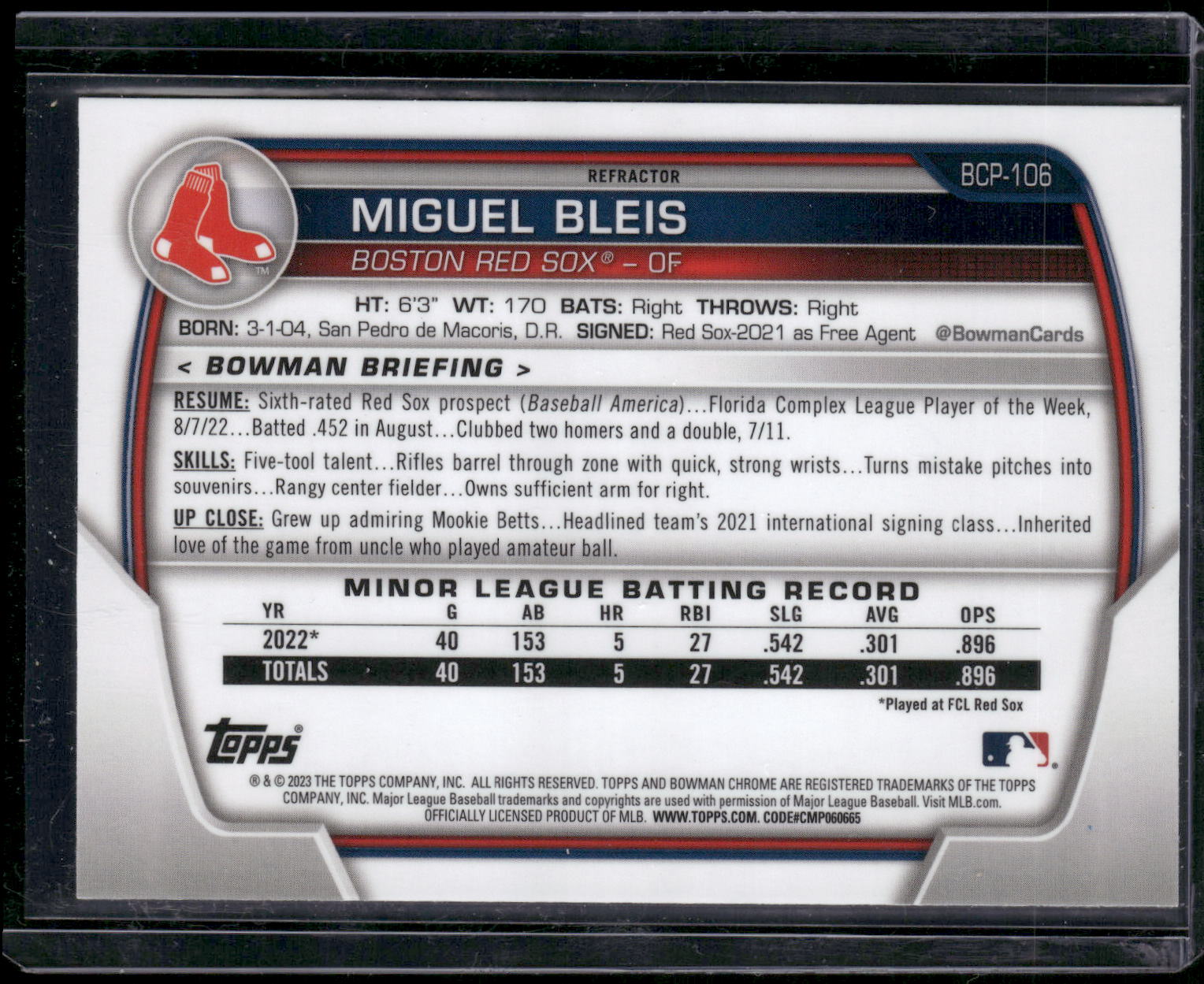 2023 Bowman #BCP-106 Miguel Bleis Chrome Prospects Lunar Glow Refractors