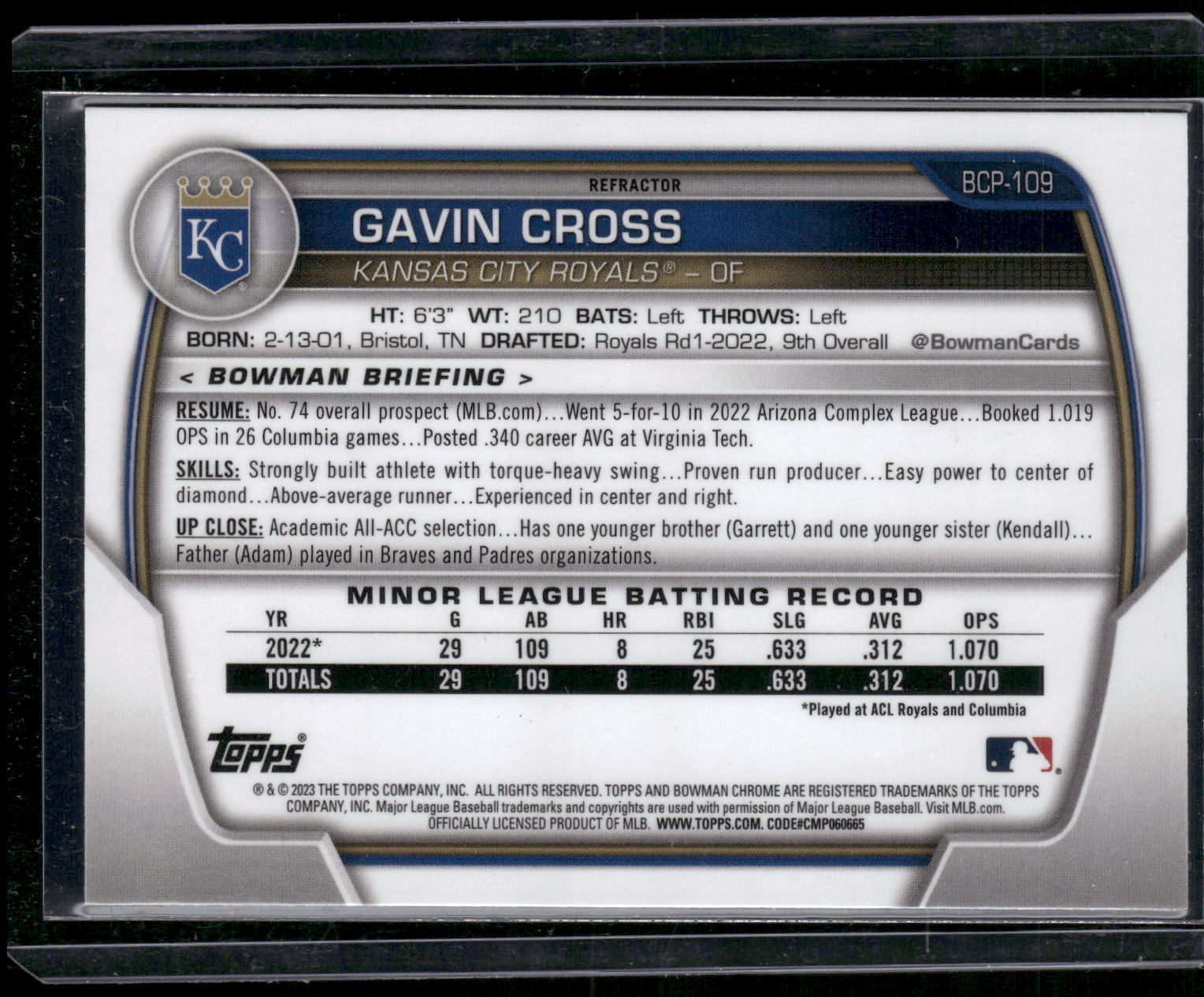 2023 Bowman #BCP-109 Gavin Cross Chrome Prospects Lunar Glow Refractors