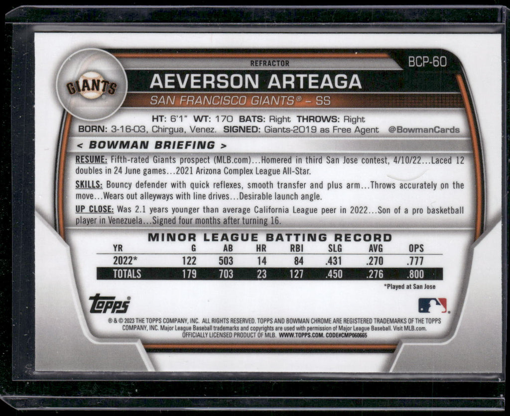 2023 Bowman #BCP-60 Aeverson Arteaga Chrome Prospects Lunar Glow Refractors