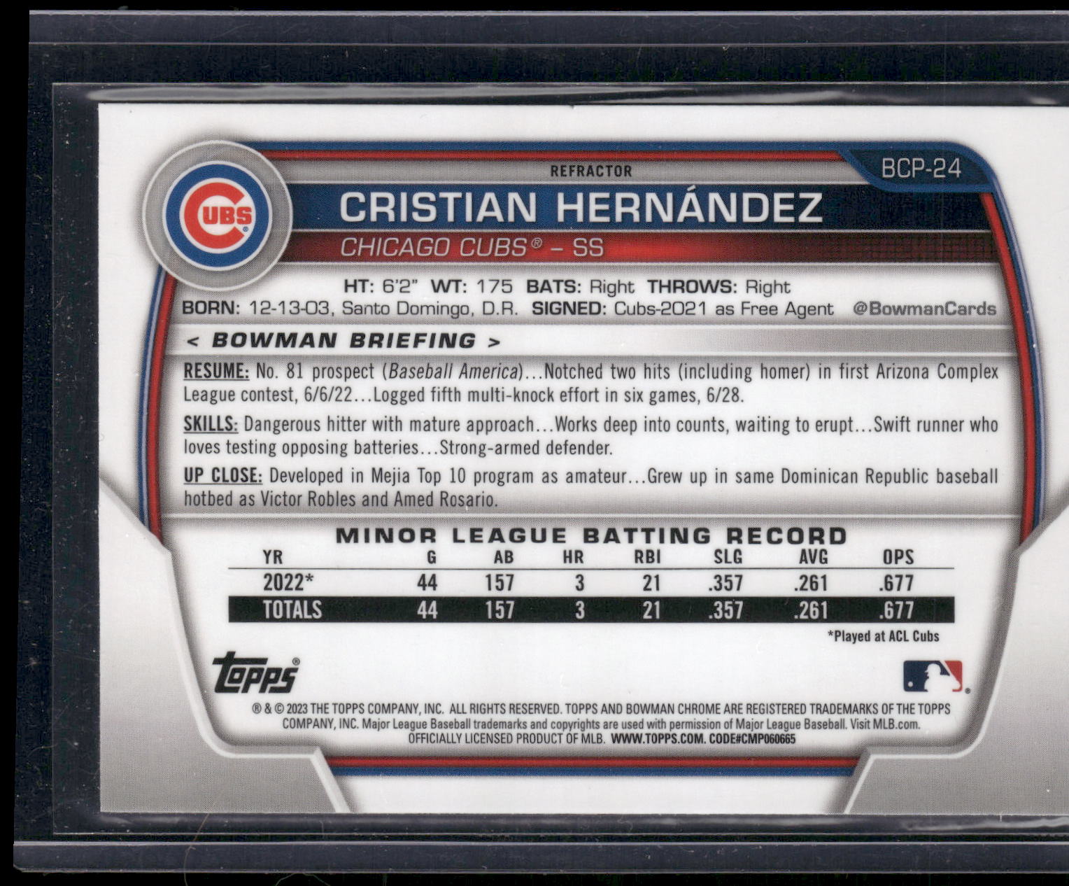 2023 Bowman #BCP-24 Cristian Hernández Chrome Prospects Lunar Glow Refractors
