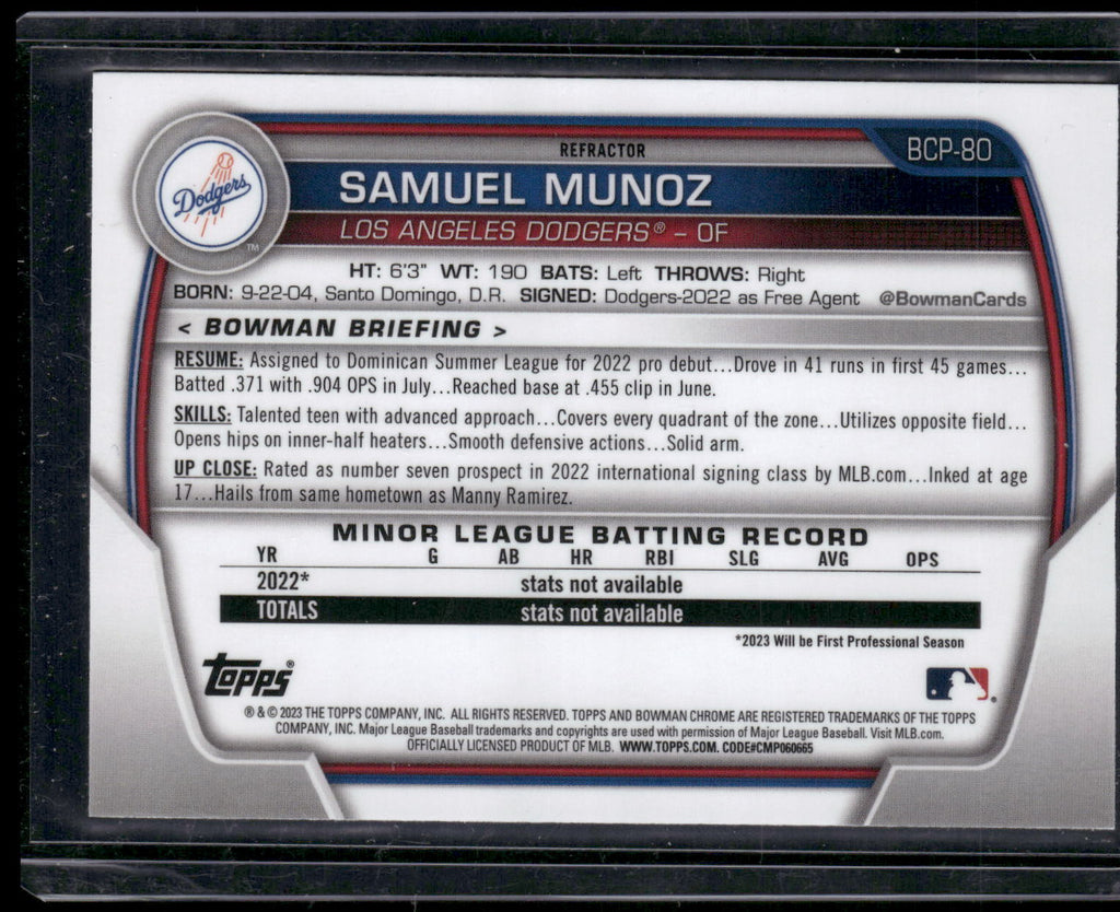 2023 Bowman #BCP-80 Samuel Munoz Chrome Prospects Lunar Glow Refractors
