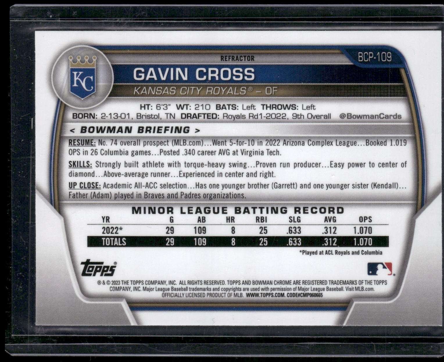 2023 Bowman #BCP-109 Gavin Cross Chrome Prospects Lunar Glow Refractors