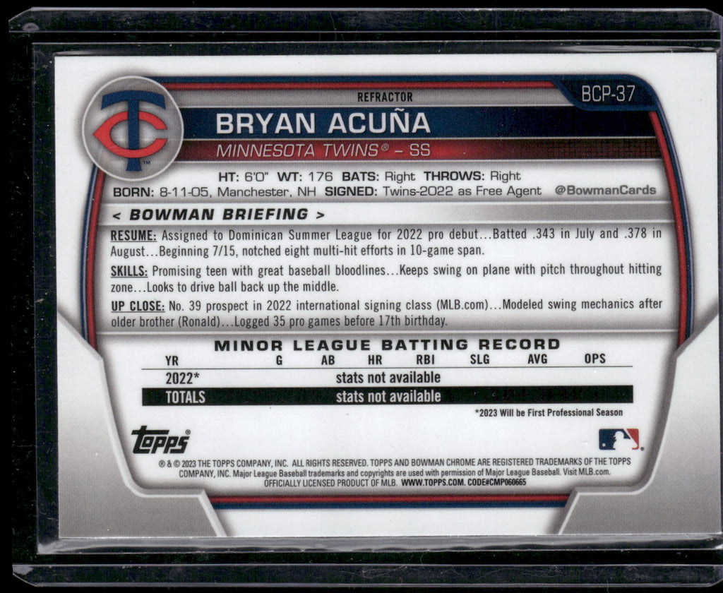 2023 Bowman #BCP-37 Bryan Acuña Chrome Prospects Lunar Glow Refractor