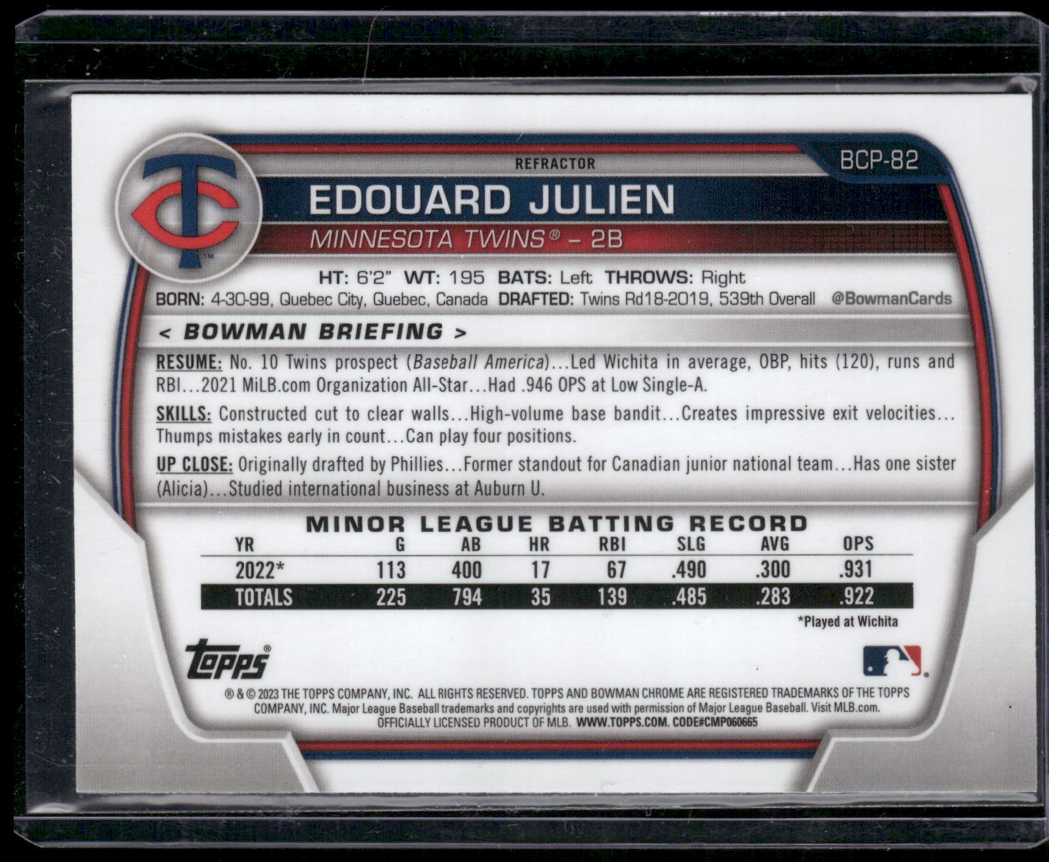 2023 Bowman #BCP-82 Edouard Julien Chrome Prospects Lunar Glow Refractors