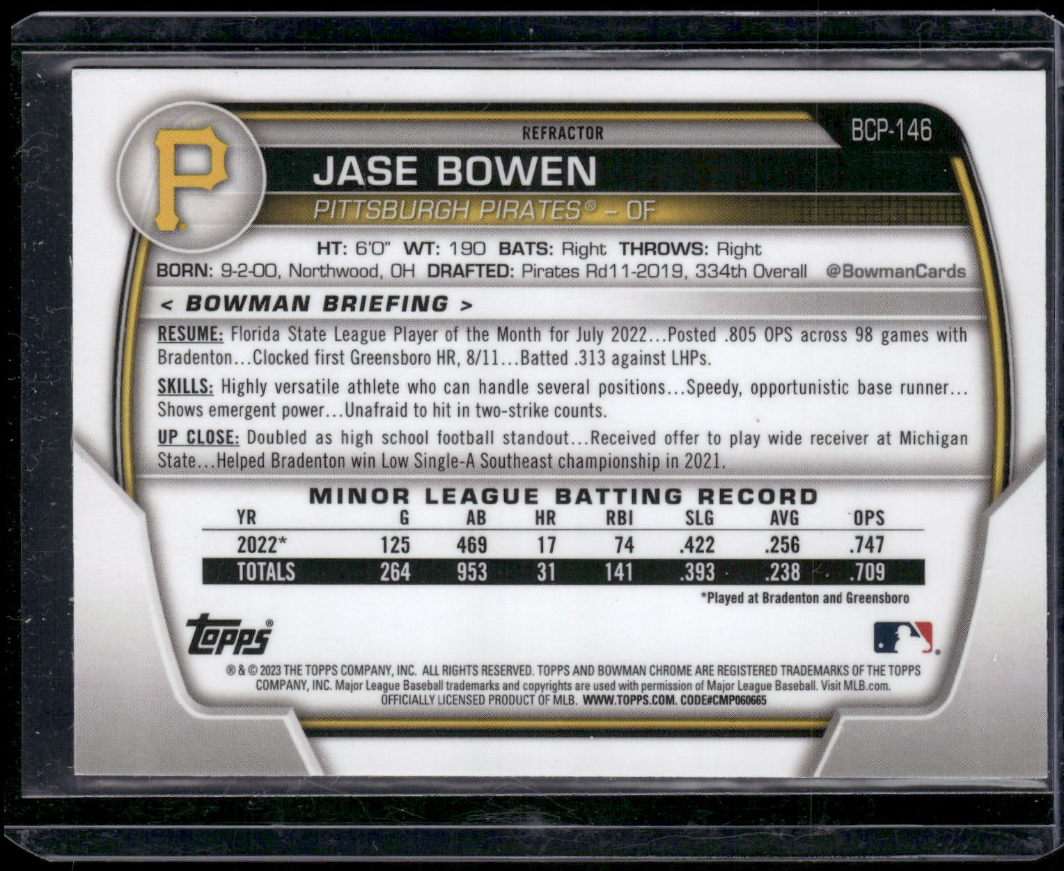 2023 Bowman #BCP-146 Jase Bowen Chrome Prospects Lunar Glow Refractors