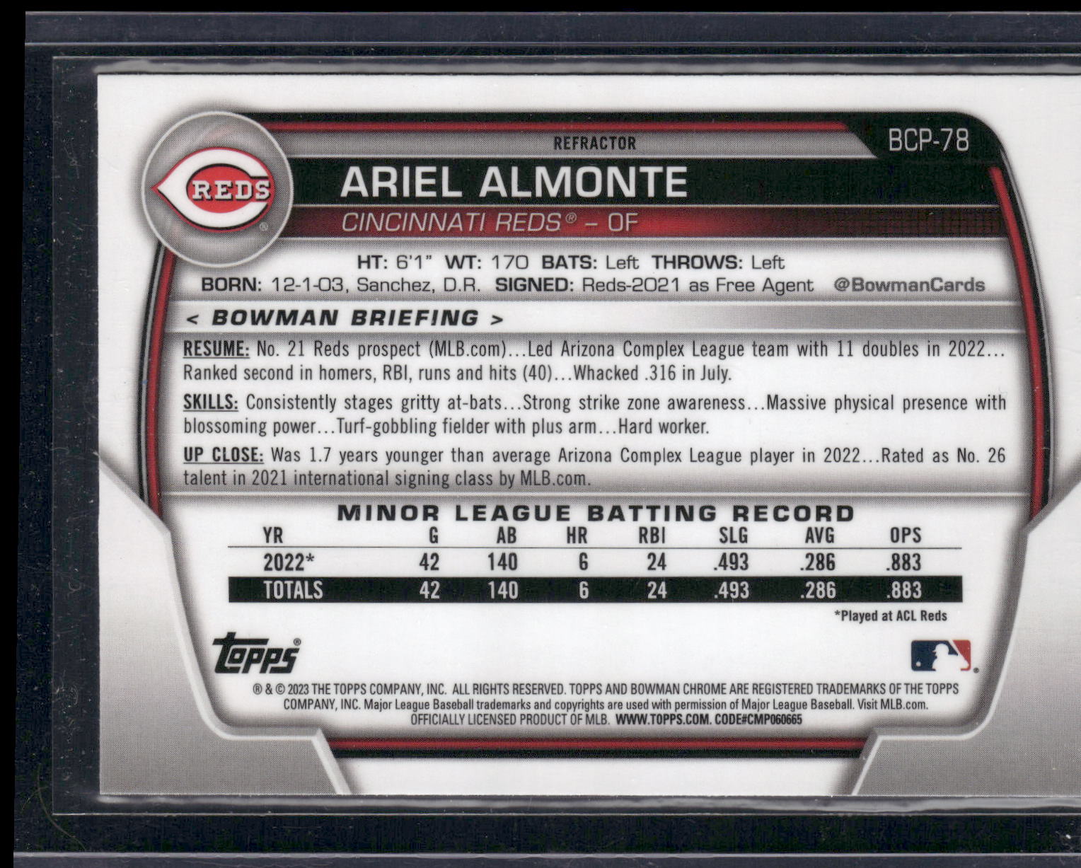 2023 Bowman #BCP-78 Ariel Almonte Chrome Prospects Lunar Glow Refractors