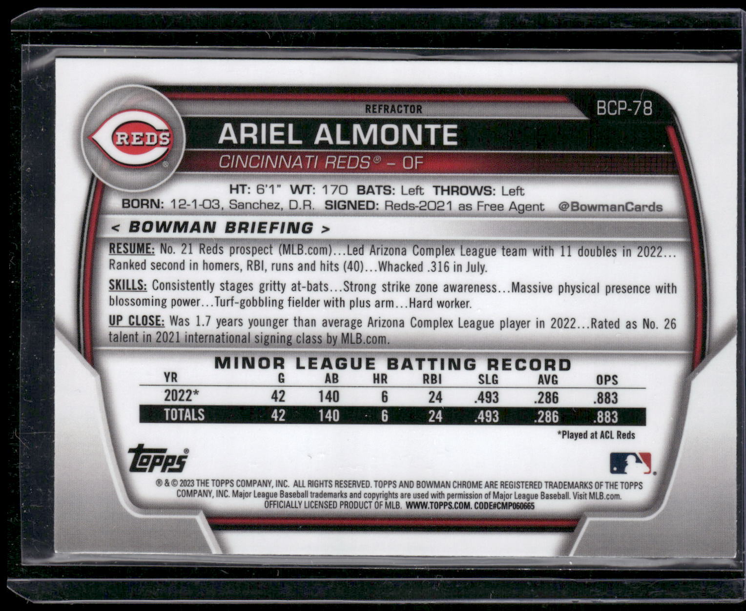 2023 Bowman #BCP-78 Ariel Almonte Chrome Prospects Lunar Glow Refractors