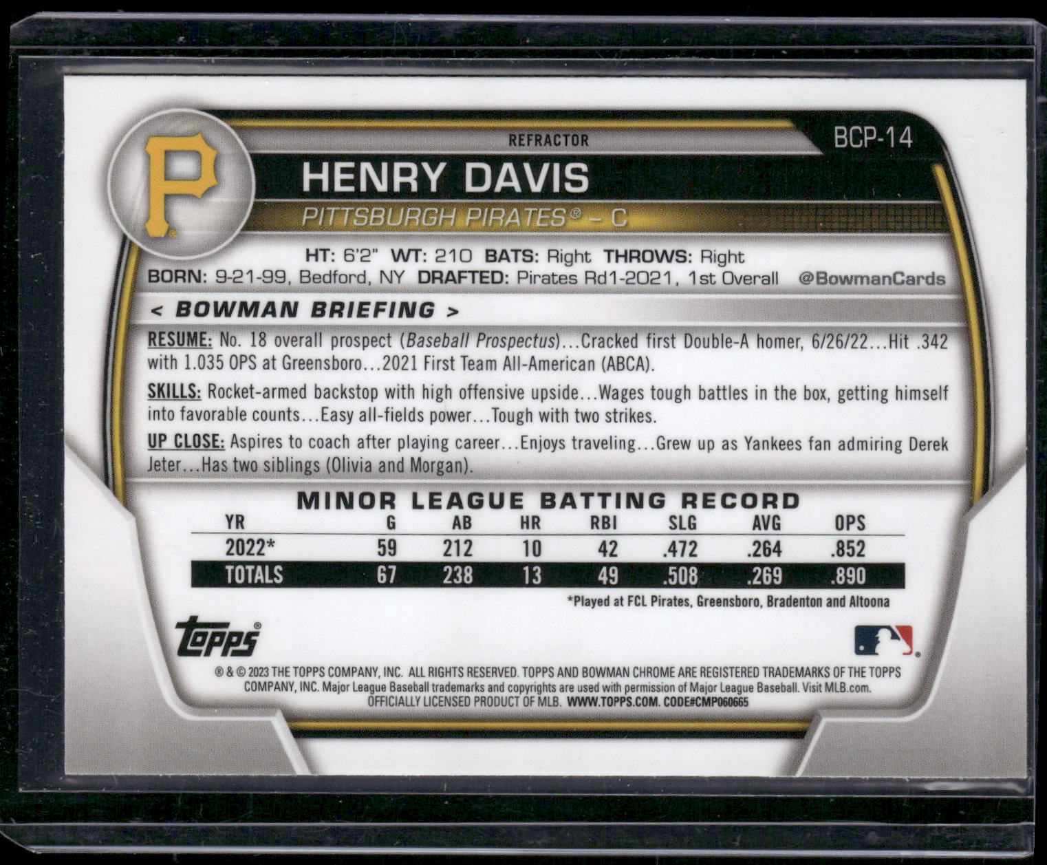 2023 Bowman #BCP-14 Henry Davis Chrome Prospects Lunar Glow Refractors