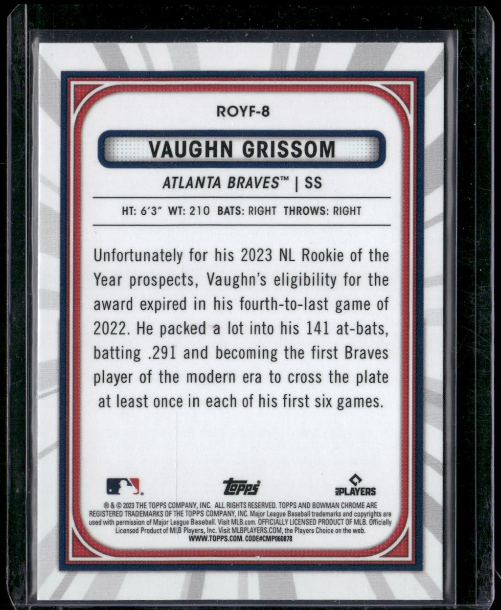 2023 Bowman #ROYF-8 Vaughn Grissom Rookie of the Year Favorites Mojo Refractors