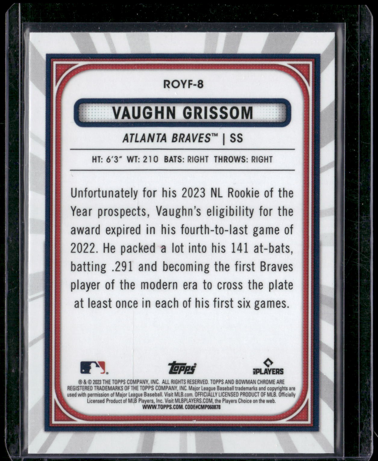 2023 Bowman #ROYF-8 Vaughn Grissom Rookie of the Year Favorites Mojo Refractors