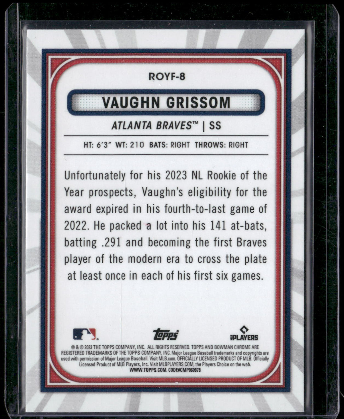 2023 Bowman #ROYF-8 Vaughn Grissom Rookie of the Year Favorites Mojo Refractor