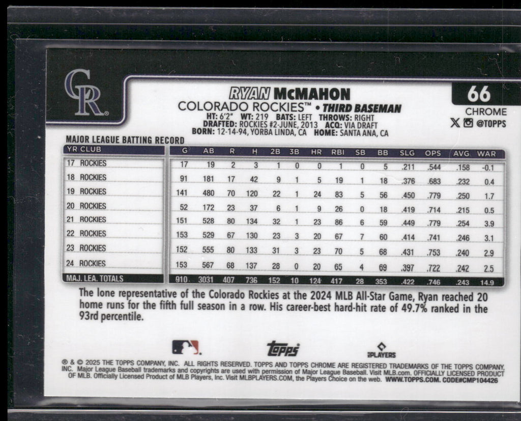 2025 Topps Chrome #66 Ryan McMahon Blue RayWave Refractors #/150